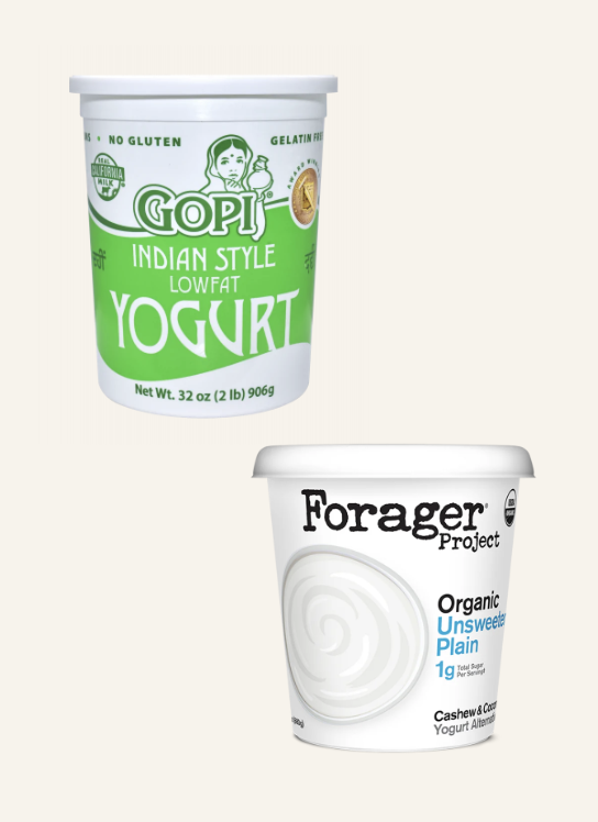 Gopi Indian-style yogurt tub above a Forager Project unsweetened plain tub